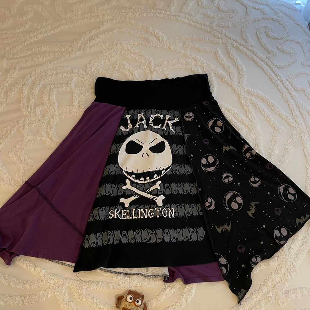 Jack Skellington T-shirt up cycled Graphic Patchwork Skirt in Black & Purple